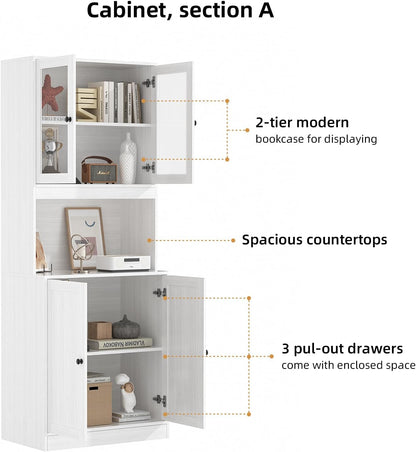 TUSY 71'' Tall Pantry Cabinet, Kitchen Hutch Storage Cabinet, Buffet Hutch Set of 3, China Cabinet with Glass Doors, 5-Tier Storage Cabinets for Dining Room, Living Room (White)