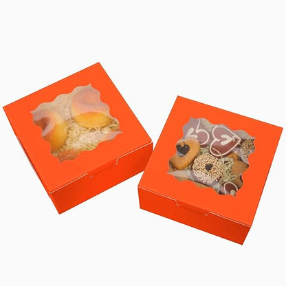 Bakepacker 60pcs Orange Bakery Boxes with Window 6x6x3 inches Thick & Sturdy Macaroon Pastry Boxes Cookie Boxes for Bakerys