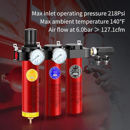 NANPU Z Series 3-Stage Air Filtration System - Sintered, Fine, & Charcoal Filters, 3/8" NPT Inlet, 1/4" NPT Outlet Module, 0-230 psi Gauge, 127 CFM @ 6 bar, Metal Housing, Auto Drain