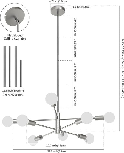 Modern Chandelier, 53 InchH Sputnik Ceiling Light Dining Room Light Fixtures Over Table Height Adjustable Mid Century Hanging Light E26 Pendant Lighting for Bedroom Kitchen Foyer 8-Light Silver