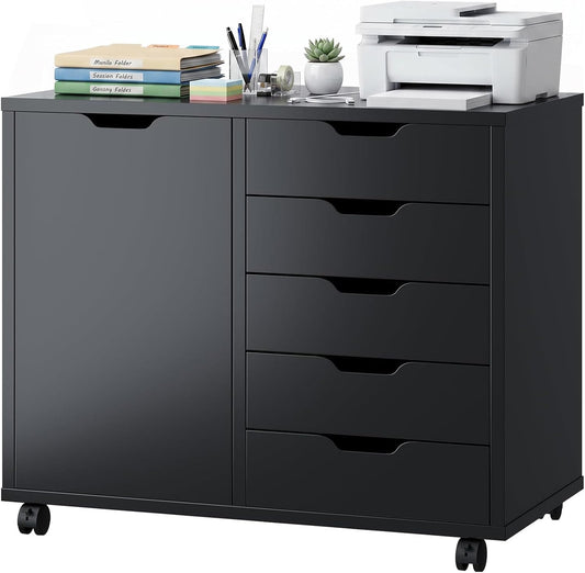 5 Drawer File Cabinet with Wheels, Rolling Office Storage Cabinet with Shelves and Door, Printer Stand with Drawers, Under Desk Filing Cabinet with Wood Board, Black