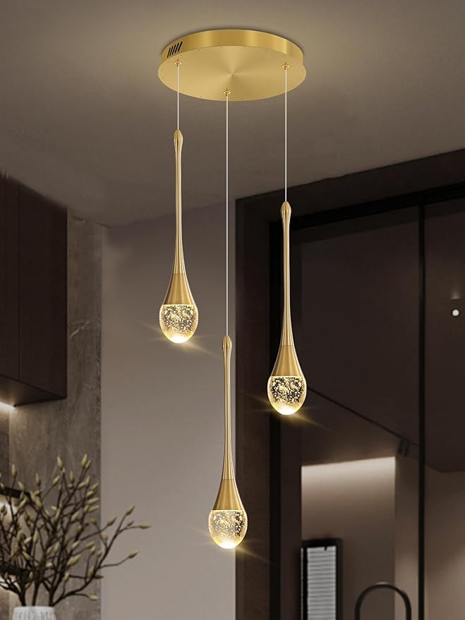 3-Light Gold Chandelier with Dimmable Ceiling Light Crystal Pendant Light for Kitchen Island, Dining Room, Living Room, Entry Hallway