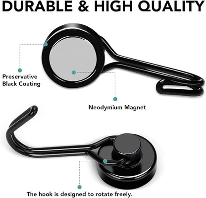 MIKEDE Magnetic Hooks, 40Lbs Heavy Duty Neodymium Magnet Hooks Black Magnets with Swivel Hooks for Hanging, Rust Proof Strong Magnets Hook, Magnetic Metal Hanger for Fridge, Storage, 6 Pack