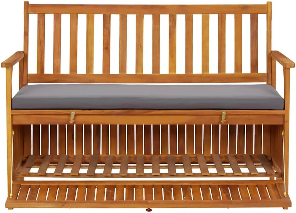 Patio Storage Bench with Cushion, 47.2 inch Outdoor Garden Seating, Solid Acacia Wood Furniture for Backyard, Porch, Deck, Gray