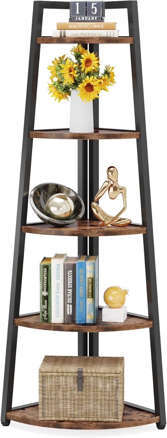 Tribesigns 70 inch Tall Corner Shelf, 5 Tier Rustic Corner Bookshelf Bookcase Industrial Corner Ladder Shelf Plant Stand for Living Room, Kitchen, Home Office (Brown)