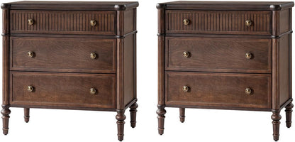 HULALA HOME Traditional End Table with Charging Station, Fluted End Tables with Wood Drawers and Solid Wood Spindle Legs, 28 Inch Wide Storage Set of 2, Walnut