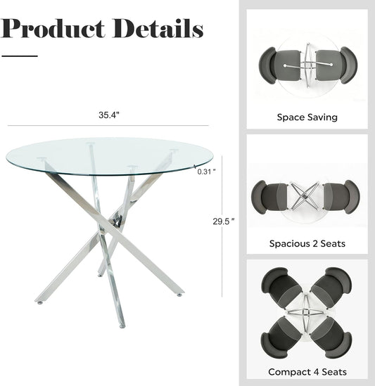 36-Inch Round Tempered Glass Dining Table for 2-4 Person Space-Saving Small Kitchen Table with Heavy-Duty Metal Legs Perfect for Dining Room, Apartment, Condo (Silver)