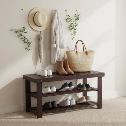 Bamboo Shoe Bench, 3-Tier Shoe Organizer Holds Up to 286 lb, Entryway Bench with Shoe Storage Suitable for Closet & Living Room, 11.22 x 35.43 x 17.91, Espresso Brown