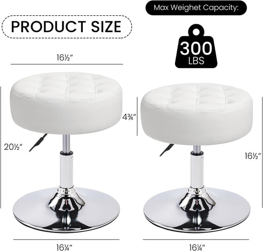 360° Swivel PU Leather Vanity Stool, White Makeup Chair for Bedroom, Large Round Ottoman Stool