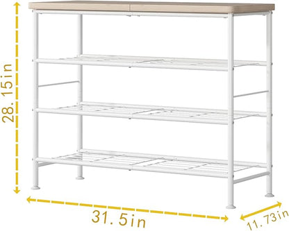Shoe Rack Organizer 4 Tier for Closet Entryway Free Standing Metal Storage Shoe Shelf with MDF Top Board，White+Oak