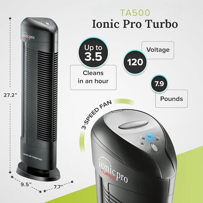 Ionic Pro Turbo (TA550) Ionic Air Purifier Tower for Home, Quiet Ionic Filterless Design, Covers Up to 500 Sq. Ft., Removes Odors, Smoke, Dust, and Allergens – Black