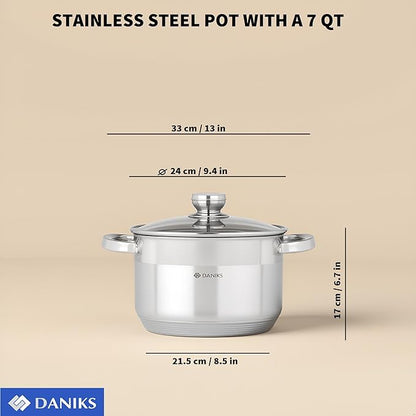 Daniks Standard Stainless Steel Stock Pot with Glass Lid – Induction 7 Quart, Dishwasher Safe, Measuring Scale, For Soup, Pasta, Stew, Silver