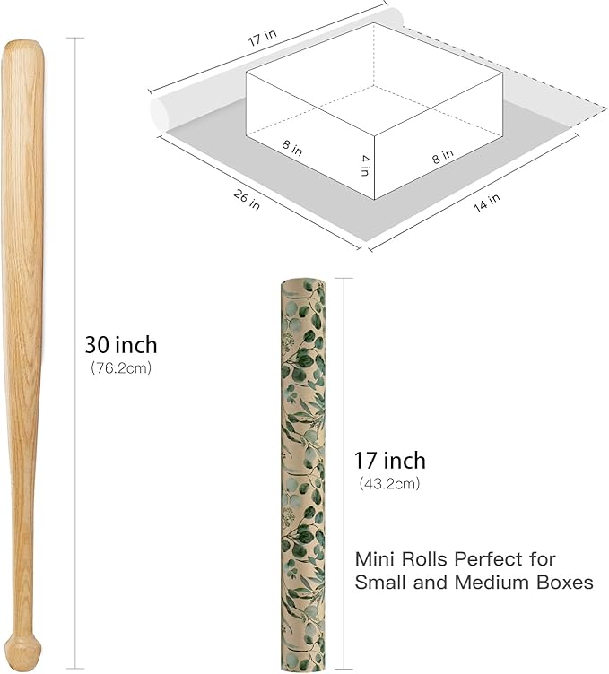 RUSPEPA Wedding Wrapping Paper, 17 in x 16.4 ft, Mini Roll, Eucalyptus Leaf Gift Wrap Paper, Green Flower Kraft Wrapping Paper for Women, Spring, Summer and Birthday