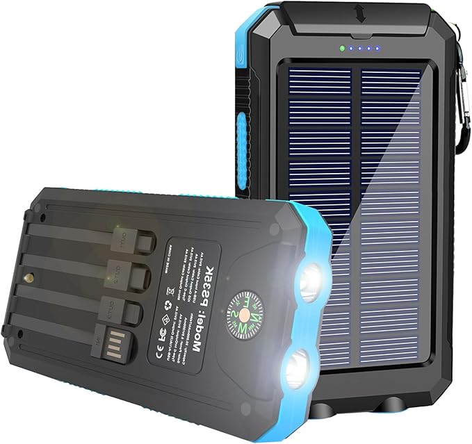 YELOMIN Solar Charger, 20000mAh Portable Type-C Solar Power Bank with 4 Cables, Waterproof Battery Pack, Outdoor External Backup Power Charger Six Outputs/LED Flashlights, Perfect for Camping Travel