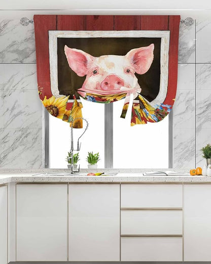 Tie Up Curtains for Windows, Pigs Sunflowers Adjustable Balloon Nature Linen Textured Kitchen Curtain, Farmhouse Red Barn Flowers Animals Room Darkening Curtains for Glass Door, 42 x 45 in