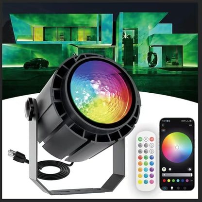 Water Wave Projector with APP & RF Control, IP65 Waterproof Smart Outdoor Lights, 1-100% Dimmable Color Changing, Music Sync & Flame Effect for Pool Party, Ocean Ripple Landscape Lighting
