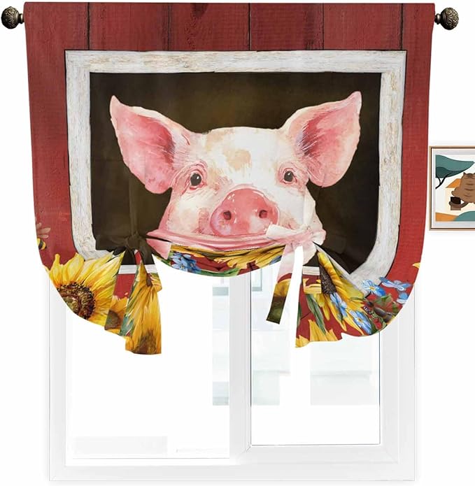 Tie Up Curtains for Windows, Pigs Sunflowers Adjustable Balloon Nature Linen Textured Kitchen Curtain, Farmhouse Red Barn Flowers Animals Tie Up Blackout Curtains for Bedroom, 52 x 63 Inches