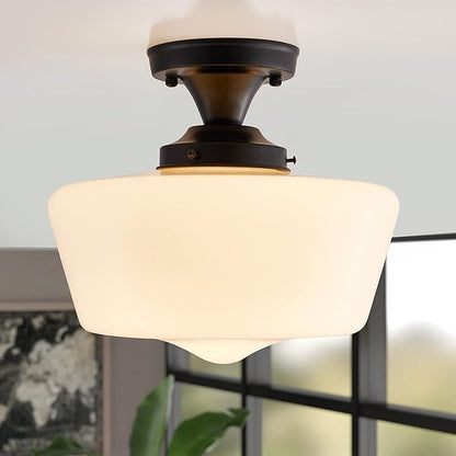 Black Schoolhouse Light Fixture, 12" Milk Glass Flush Mount Ceiling Light, Black Semi Flush Mount Ceiling Light for Farmhouse Kitchen Hallway Entryway
