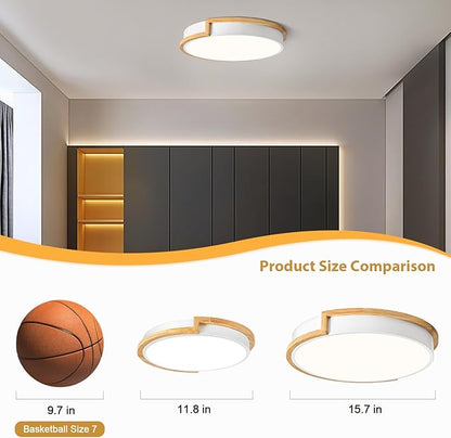 Dimmable LED Wood Flush Mount Ceiling Lights,Modern White 5CCT 2700K-6000K Lighting Fixtures,Round Ceiling Lamp for Kitchen Living Room Dining Room Bathroom Bedroom Entryway 15.8in