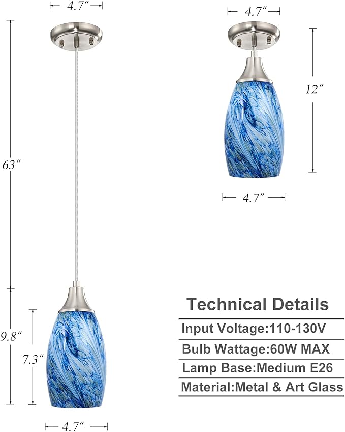 Mini Pendant Lights Kitchen Island White Blue Glass Lamp Shade Hand Blown Glass Pendant Light with Brush Nickel Finish Adjustable Cord for Kitchen Over Sink Hallway,Dining Room,Stairs Way