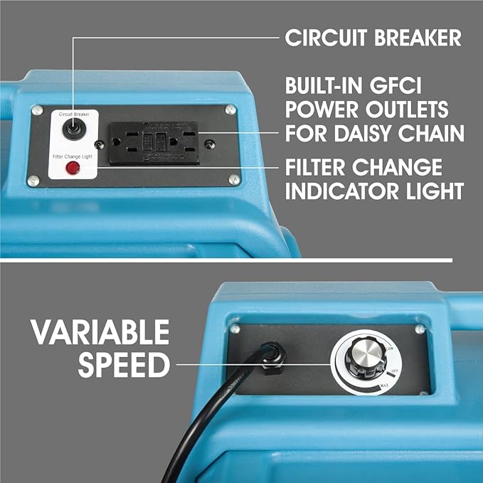 HEPA Air Scrubber with GFCI Outlets for Daisy Chain | 1/4 HP, 675 CFM, 2.2A | Water Damage Restoration, Grow Rooms | PA-600-HAS | Blue