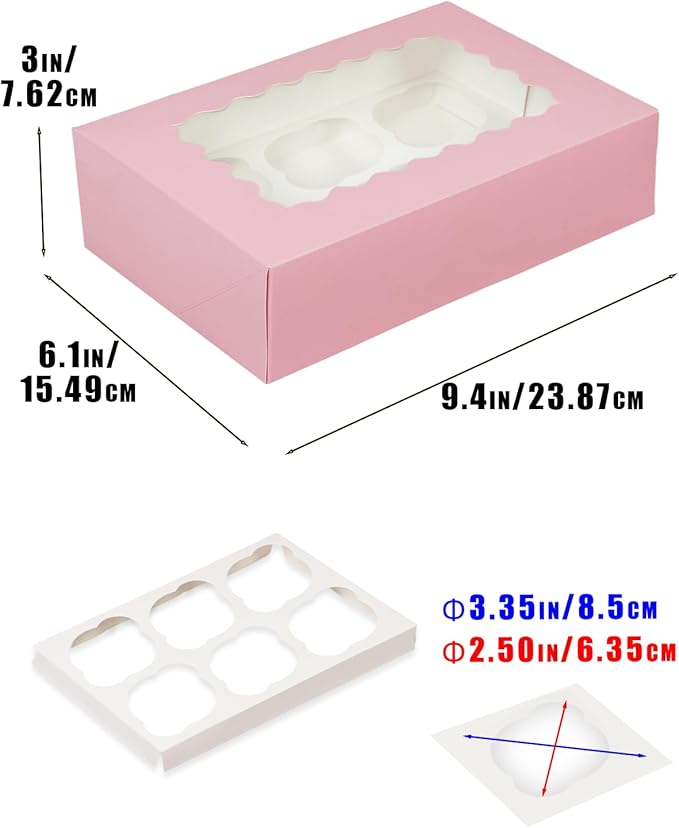 Bakepacker Auto-pop up 6 Cupcake Boxes with Window 20 Count Pink Box 9.4 x 6.1 x 3 inch Cupcake Carrier