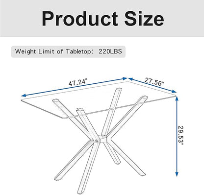 47.24" Rectangular Glass Dining Table Modern Kitchen Glass Top Table for 4 with Black Metal Legs, Clear Dining Table Kitchen Table for Home Office Dining Room