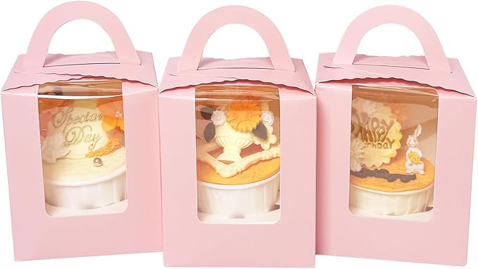 Bakepacker Auto-pop up Individual Cupcake Boxes with Window 60 Count Pink Single Cupcakes Box 3.6 x 3.6 x 4.3inch Cupcake Carrier