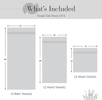 100% Combed Cotton Bathroom Towel Set of 6- 2 Bath Towels, 2 Hand Towels, 2 Wash Cloths, Sustainable, Soft, Highly Absorbent 6 Piece Cotton Bath Towel Set Ideal for Hotels, Spa, Bathroom, Dorm, Silver