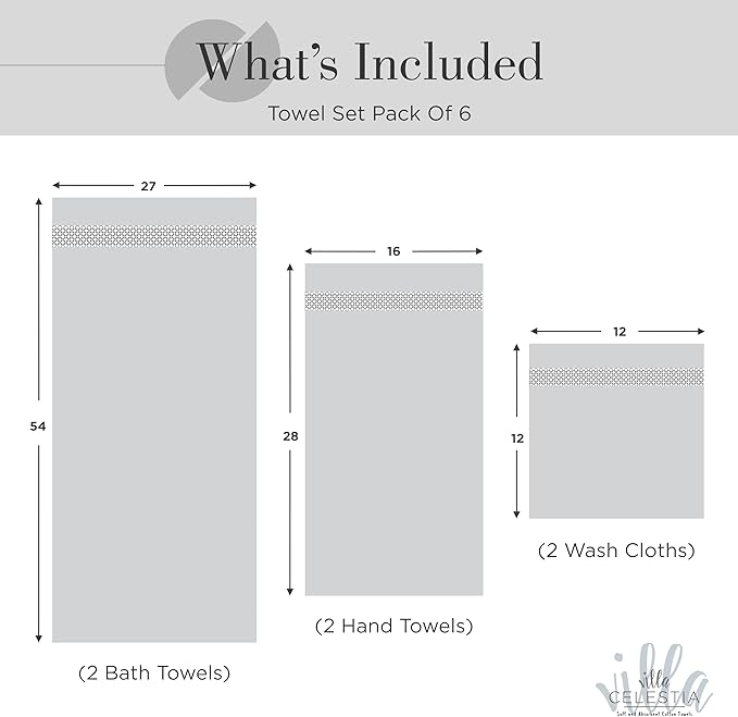 100% Combed Cotton Bathroom Towel Set of 6- 2 Bath Towels, 2 Hand Towels, 2 Wash Cloths, Sustainable, Soft, Highly Absorbent 6 Piece Cotton Bath Towel Set Ideal for Hotels, Spa, Bathroom, Dorm, Grey