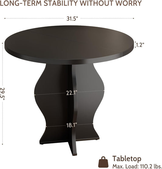 31.5 Inch Small Round Dining Table for 2, Modern Farmhouse Wood Kitchen Table, Rustic Black Circle Dining Room Table with Pedestal Base for Kitchen and Dining Room Furniture