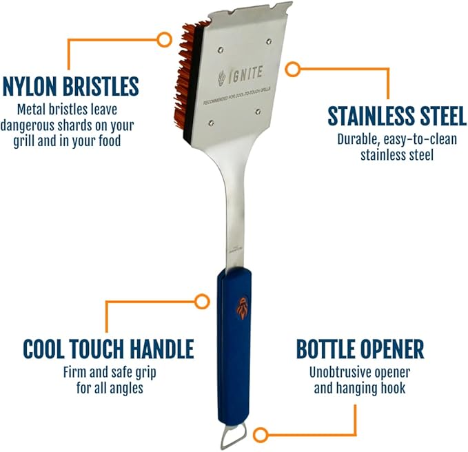 Ignite Stainless Steel Cool Grill Brush – Durable Grill Cleaner with Safe Nylon Bristles – No Wire Bristle Risk – Safe for Porcelain, Ceramic, Steel & Cast Iron Grates