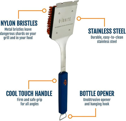Ignite Stainless Steel Cool Grill Brush – Durable Grill Cleaner with Safe Nylon Bristles – No Wire Bristle Risk – Safe for Porcelain, Ceramic, Steel & Cast Iron Grates