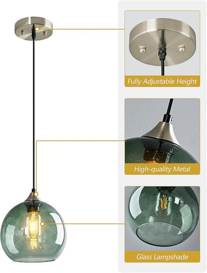 Gray Green Glass Pendant Lights Kitchen Island Lighting Globe Pendant Light Fixtures Modern Pendant Lighting for Kitchen Island Bedroom Living Dining Room Light Fixture(7.87in, 1-Pack)