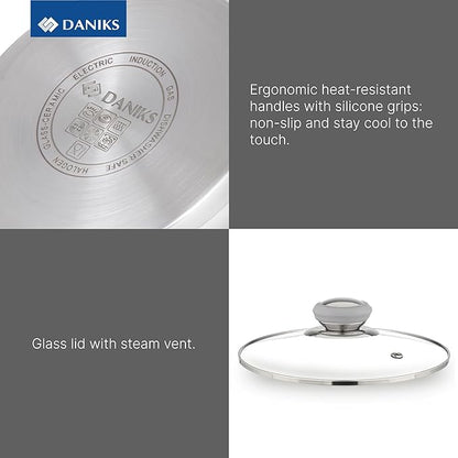Daniks Modern Stainless Steel Stock Pot with Glass Lid – Induction 3 Quart, Dishwasher Safe, Heatproof Handles, For Soup, Pasta, Stew, Silver
