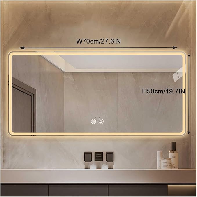 Bathroom Mirror with LED Lights，Smart Illuminated LED Bathroom Mirror，Energy-Saving LED Smart Mirrors，LED Mirror for Bathroom，with Demister Pad and Smart Touch Switch(H50*W70cm/H19.7*W27.6IN)