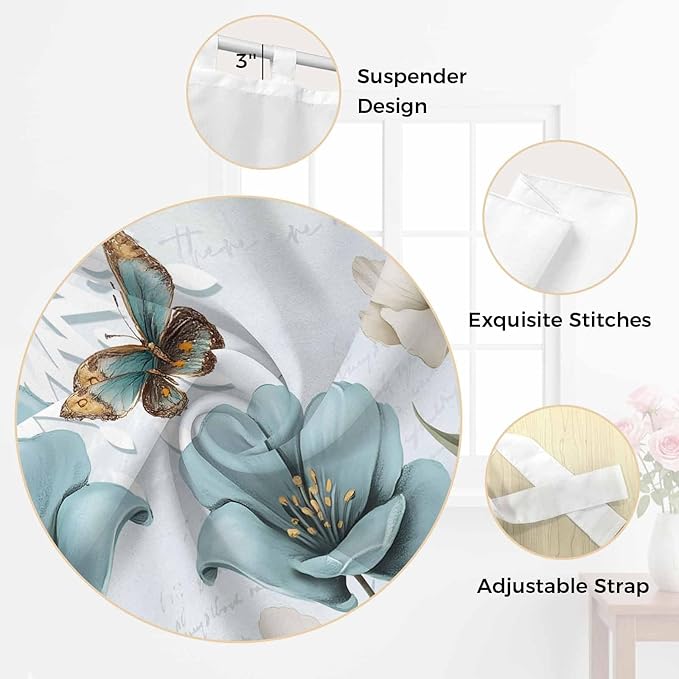 Blue Tulips Bathroom Curtains 63 Inch Length, Window Curtains Tab Top, Watercolor Flowers Butterfly Spring Farmhouse Blue Light Filtering Window Treatments Drapes 52"x63" 2 Panel