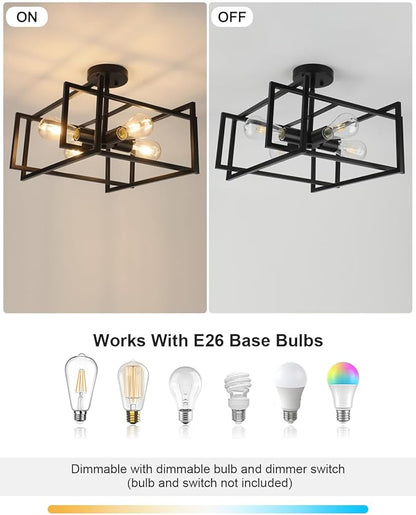 WILON Black Ceiling Light Fixture, 4-Light Farmhouse Light Fixtures Ceiling Mount, Modern Square Semi Flush Chandelier Ceiling Lamp for Kitchen Dining Room Bedroom Laundry Room Living Room