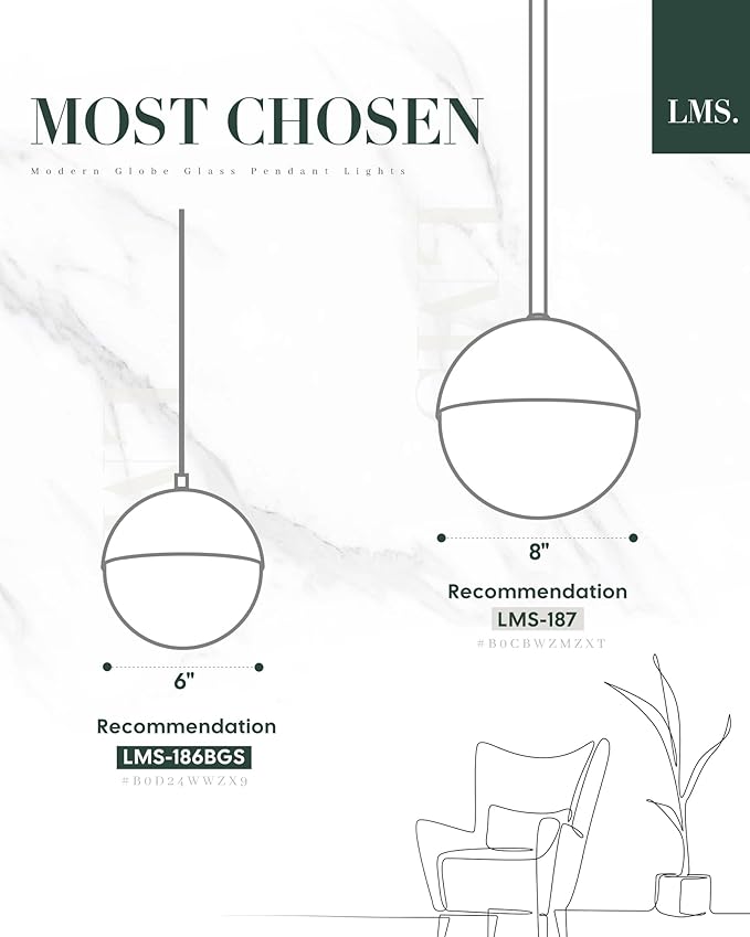 LMS 8-inch Modern Globe Pendant Light Frosted Glass with Black Finish Contemporary Mid Century Adjustable Hanging Light Fixture for Living Room Bedroom Kitchen LMS-186