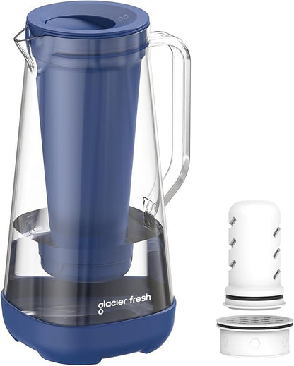 GLACIER FRESH 7 Cup Purela Glass Water Pitcher with 1 Ultrafiltration Membrane and Activated Carbon Filter, Reduces 99% Chlorine, PFOA&PFOS, Coliforms, BPA Free Materials, Blue