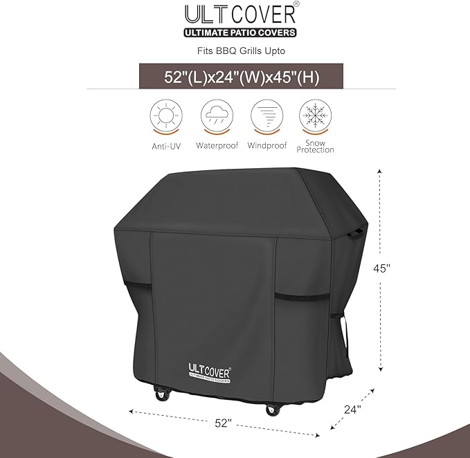 ULTCOVER Waterproof Grill Cover 52 inch, Heavy Duty BBQ Cover for 2-4 Burners Outdoor Gas Barbecue Grill, Black