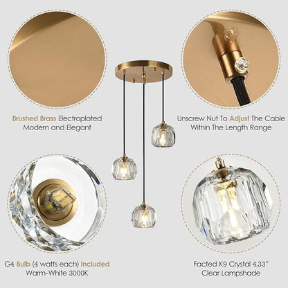 3 Light Pendant Light Fixtures, Crystal Pendant Lights Kitchen Island, Modern Hanging Lights Brushed Brass Cluster Pendant Lighting for Dining Room Bathroom