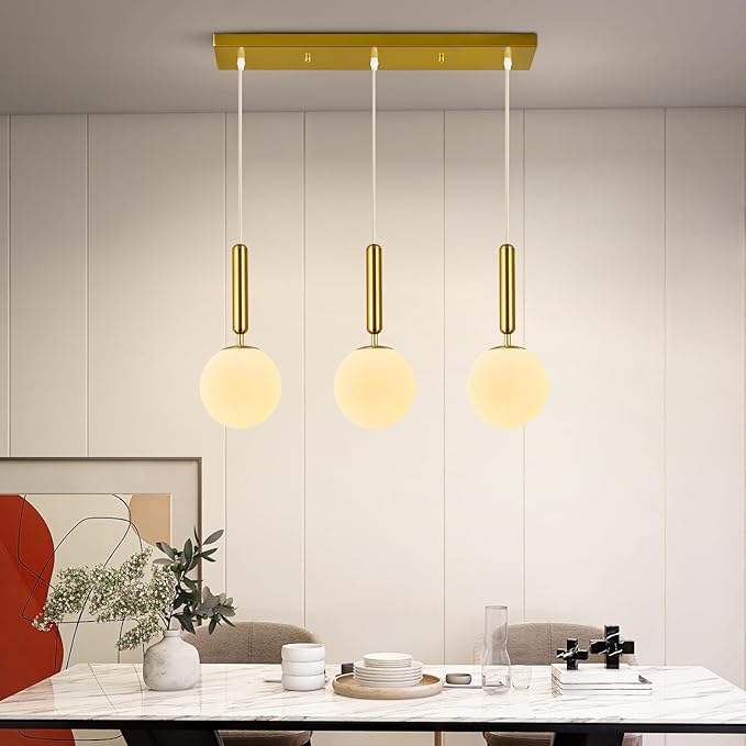 Modern Gold Pendant Light Hanging Fixture Light for Kitchen Island Mid Century with Globe Pendant Light Milk White Glass Pendant Lighting for Living Room Bedroom Entryway (3-Light)