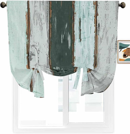 Tie Up Curtains for Windows, Blue Teal Adjustable Balloon Nature Linen Textured Kitchen Curtain, Vintage Wooden Retro Art Farmhouse Barns Room Darkening Curtains for Glass Door, 42 x 45 in