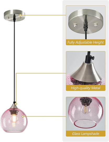 Pink Glass Pendant Lights Kitchen Island Globe Pendant Light Fixtures Modern Pendant Lighting for Bedroom Living Dining Room Light Fixture (5.9 in, 2 Pack)