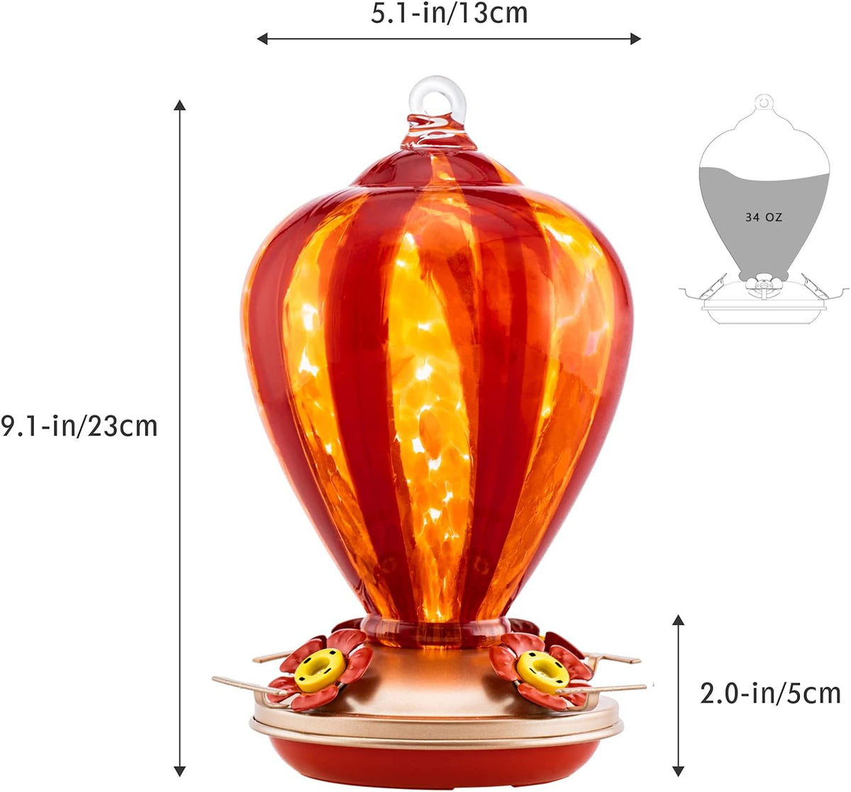 Hummingbird Feeder, 34OZ Hand Blown Glass Hummingbird Feeders for Outdoors Hanging, 4 Feeding Perch with Ant Moat Hook, Garden Yard Decor Gifts for Women Mom (Hot Air Balloon)