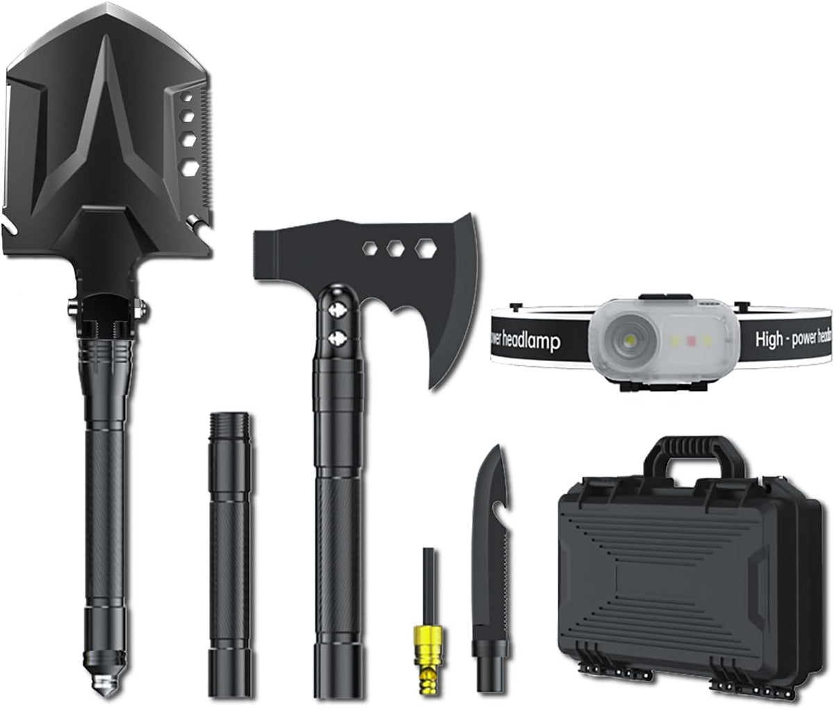 Jbox Shovel Axe Set, High Carbon Steel Folding Shovel with Adjustable 19.2-37.8 Inch Handle, Multi-Tool for Camping, Hiking, Cycling & Emergency, Includes Headlamp, Tactical Outdoor Gear