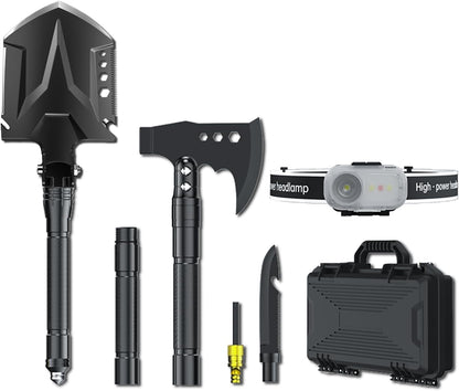 Jbox Shovel Axe Set, High Carbon Steel Folding Shovel with Adjustable 19.2-37.8 Inch Handle, Multi-Tool for Camping, Hiking, Cycling & Emergency, Includes Headlamp, Tactical Outdoor Gear