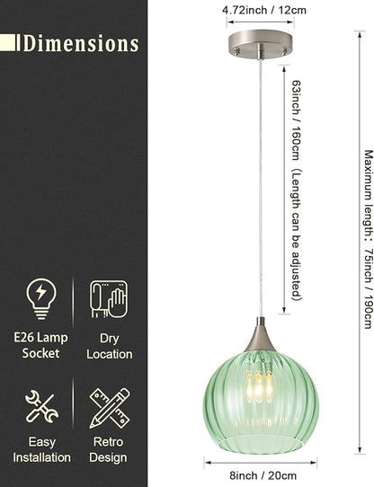 Brushed Nickel Pendant Lights Kitchen Island, Globe Pendant Light Fixtures with 8 Inch Clear Glass Shade, Modern Hanging Light Fixtures for Kitchen, Bedroom (1 Pack - Green Glass Pendant Light)