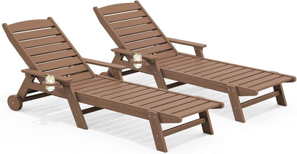 SERWALL HDPE Outdoor Lounge Chair Set of 2 with Cup Holder, Brown | with 5 Position Adjustable Backrest & Rolling Wheels